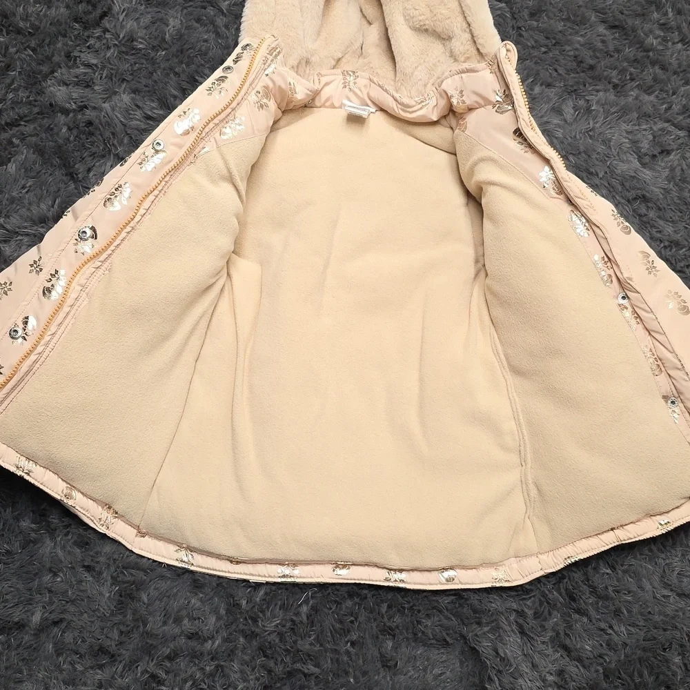 Nicole Miller-Tan Puffer Coat with Metallic Gold Flower Design. Size 5